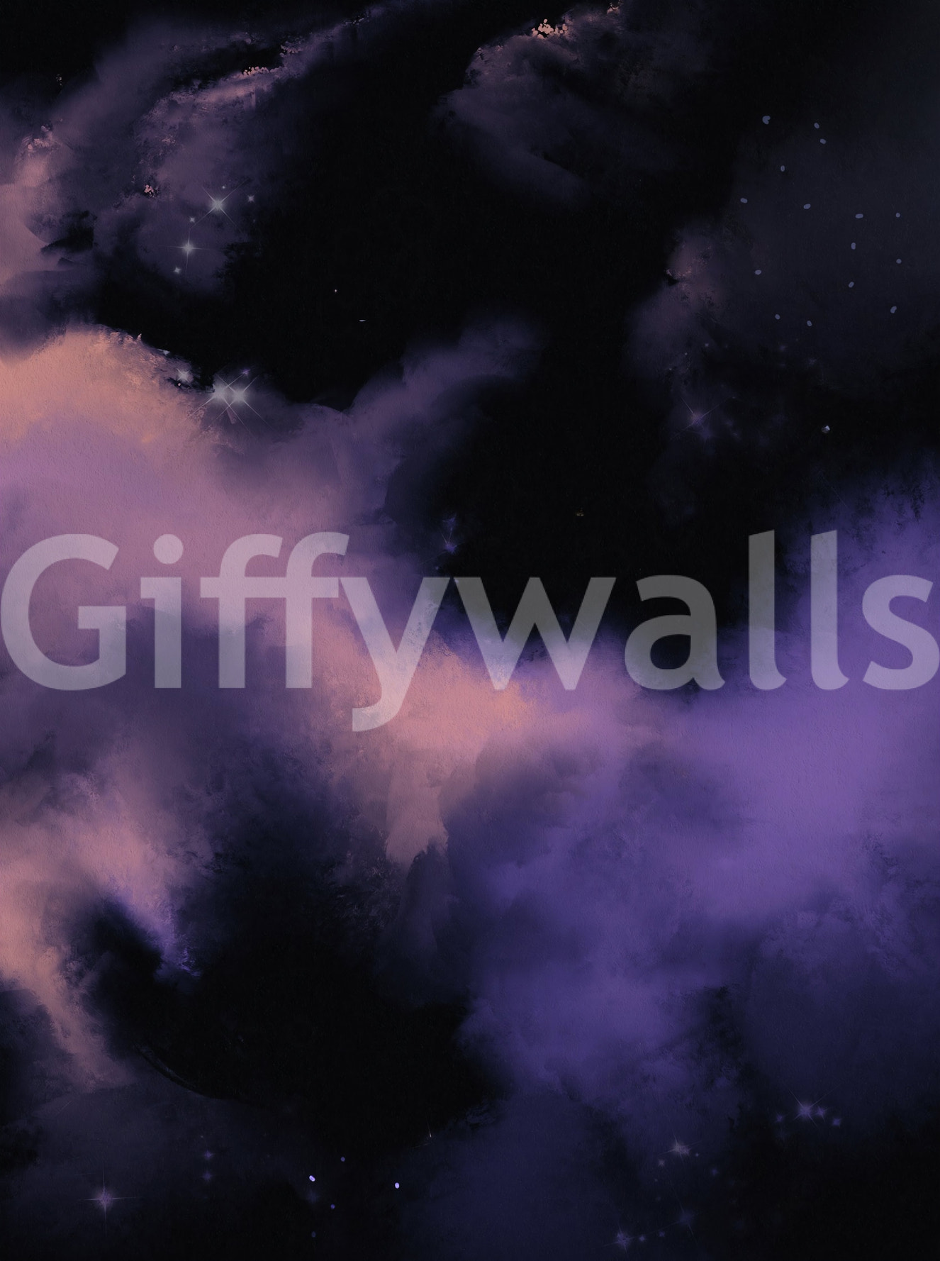 Dark cosmic sky wall mural with deep violet clouds and soft peach glow.