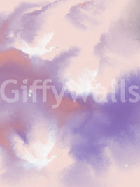 Birds wall mural with white cranes on a lavender and pink watercolour sky., GD10163