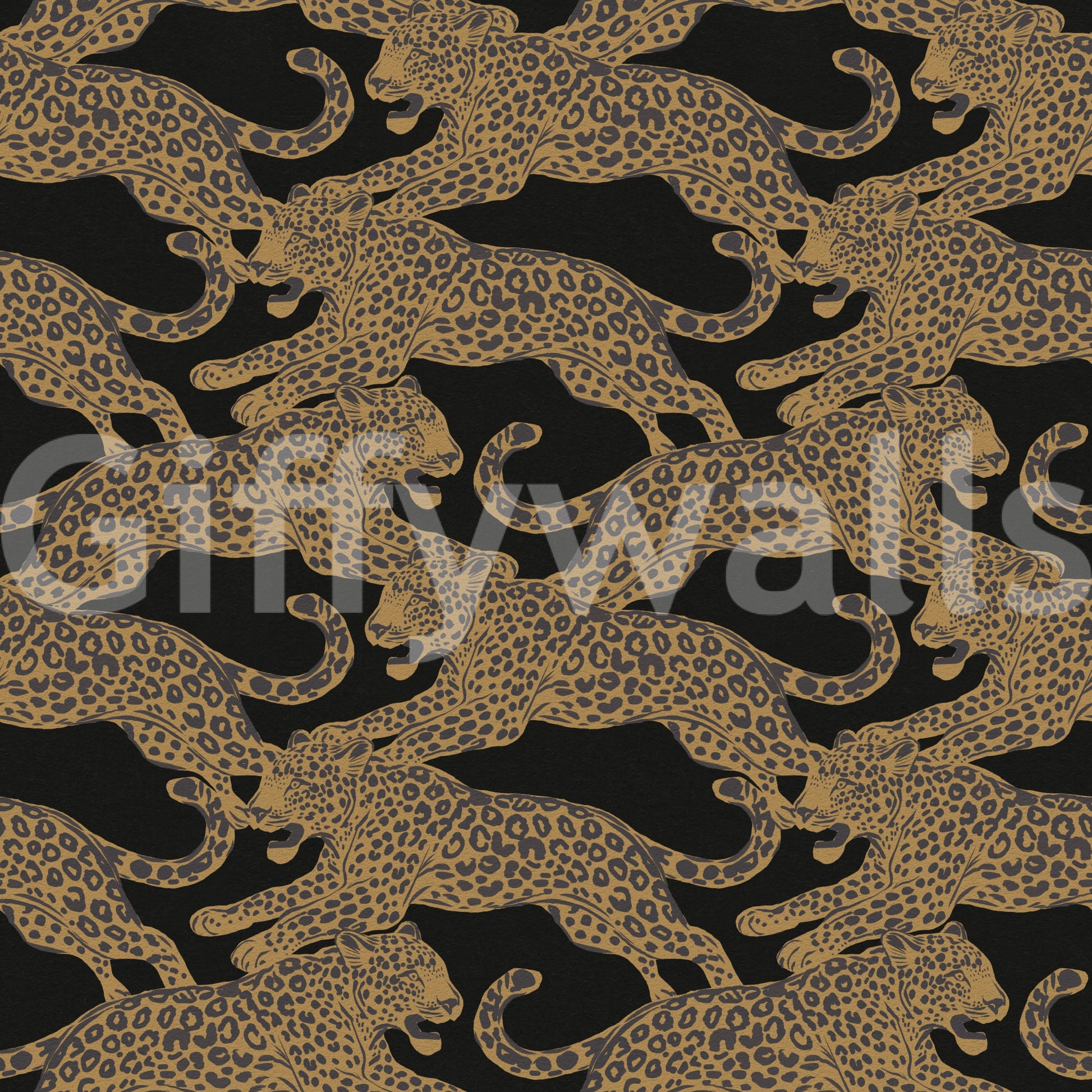 Prowling golden leopards pattern on a black background wallpaper., GD10164