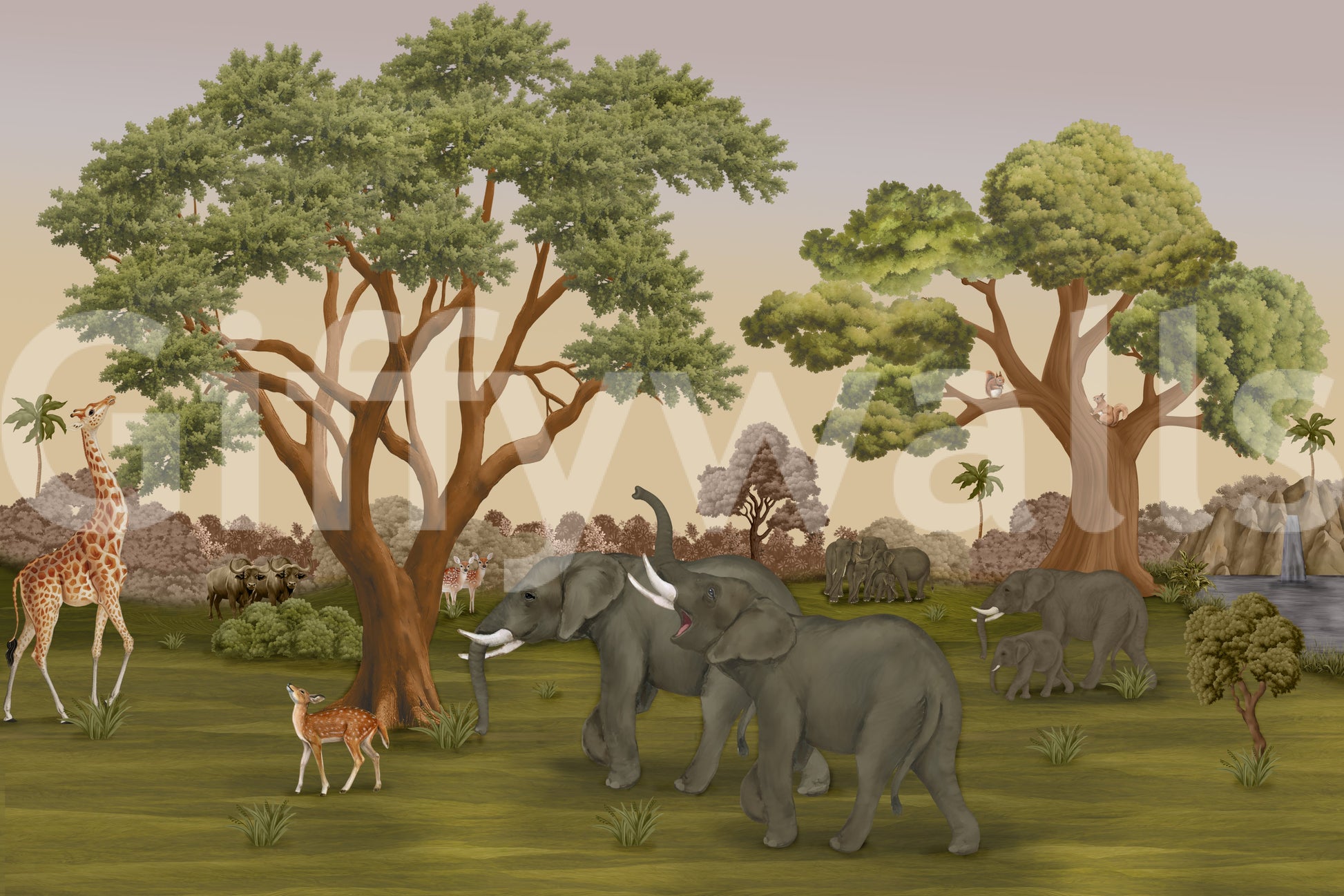 Savanna animal wall mural showing the full grassland scene., GD10167