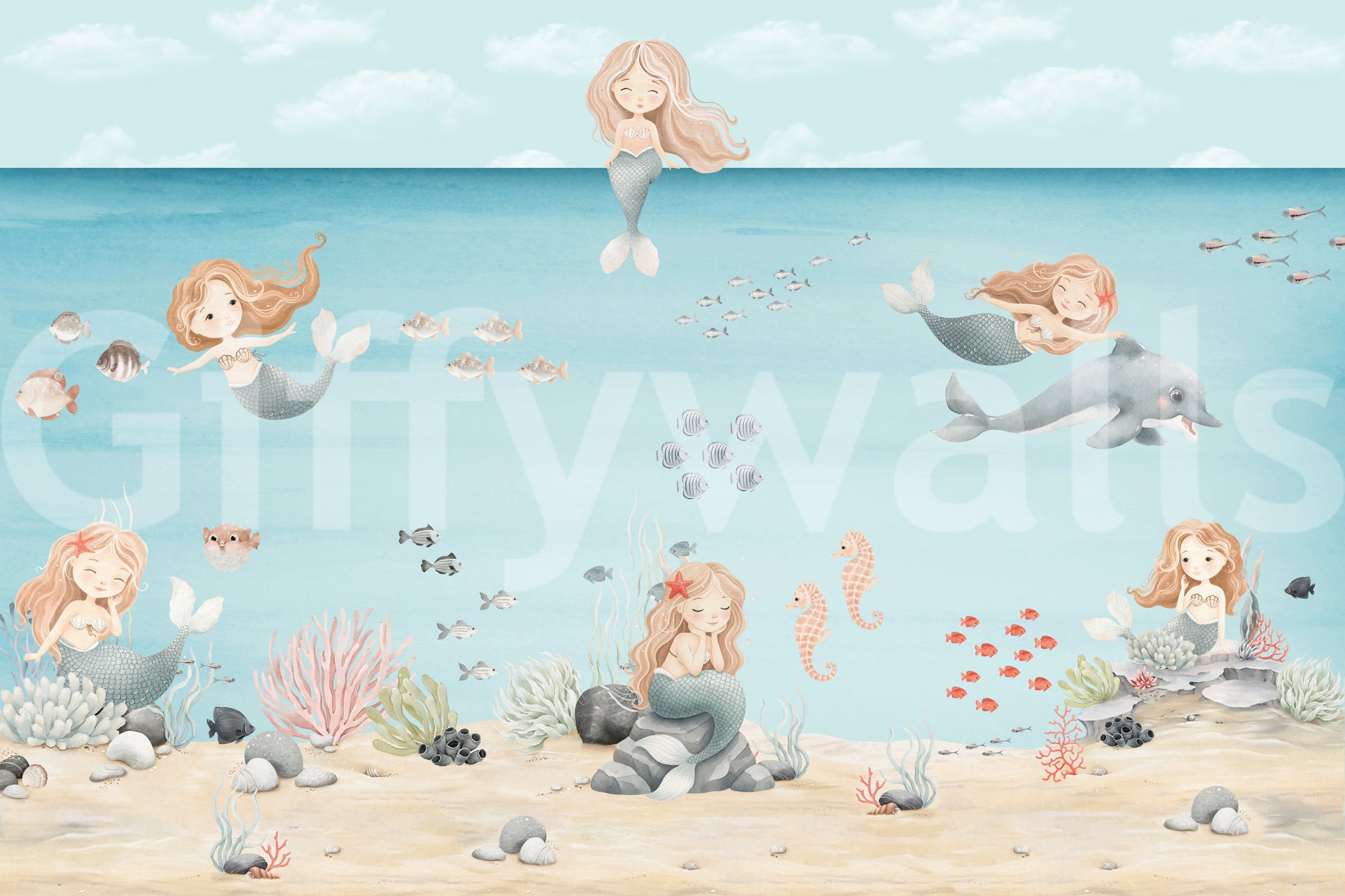 Mermaid lagoon wall mural with mermaids, dolphin, fish and coral on aqua water., GD10169