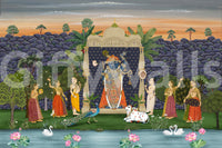 Sacred Garden Pichwai wall mural showing the indigo, saffron and gold colour blend., GD10170