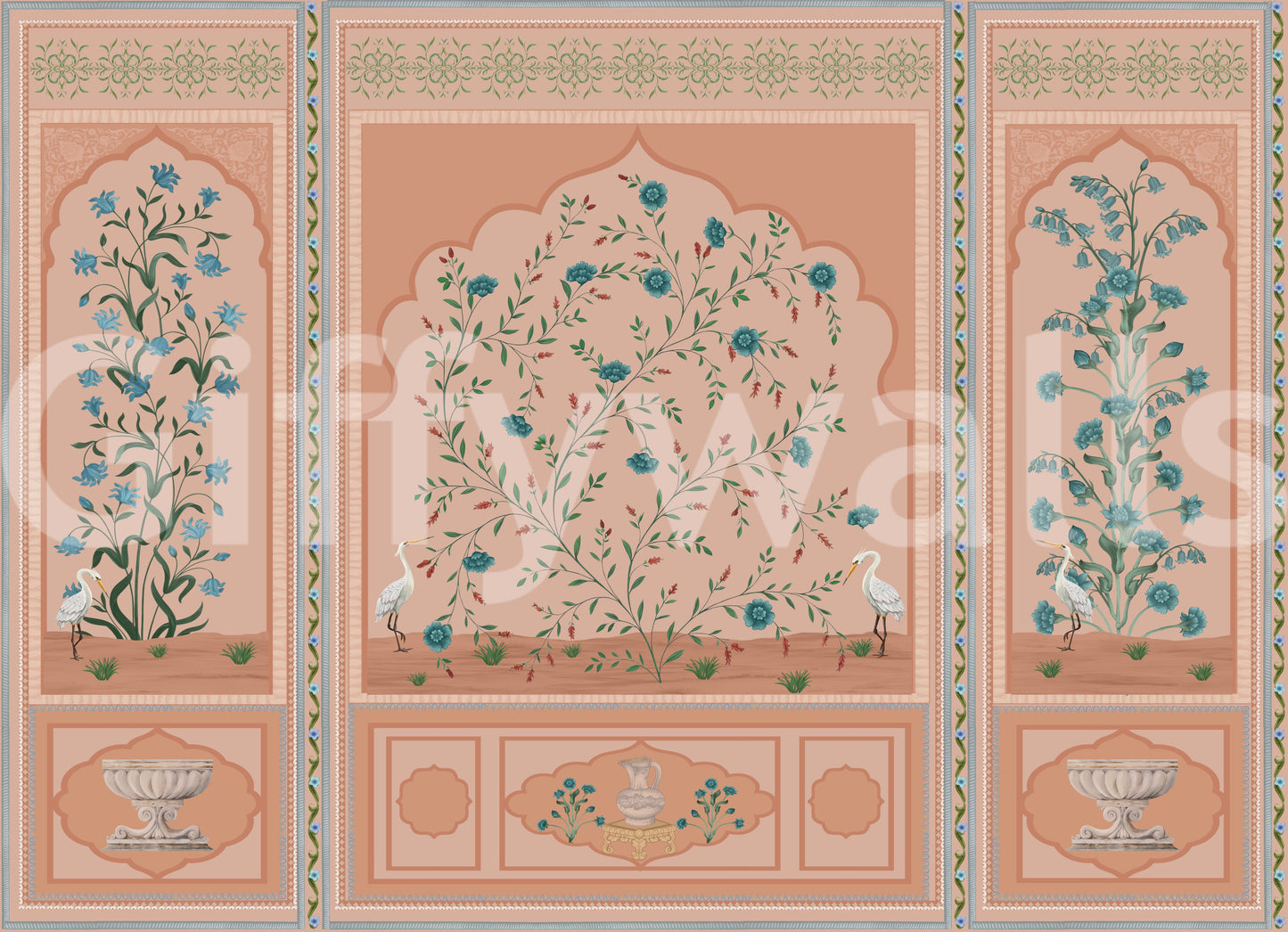 The Mughal garden panels wall mural in warm peach tone., GD10171