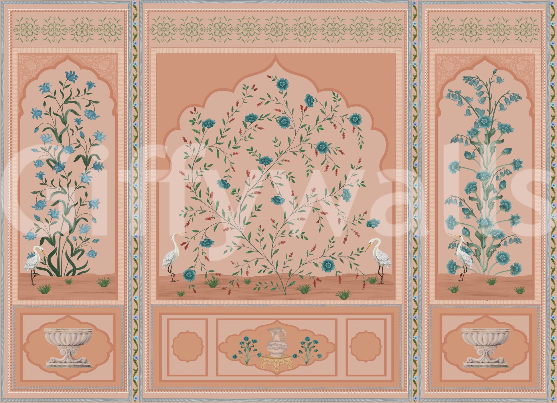 The Mughal garden panels wall mural in warm peach tone., GD10171