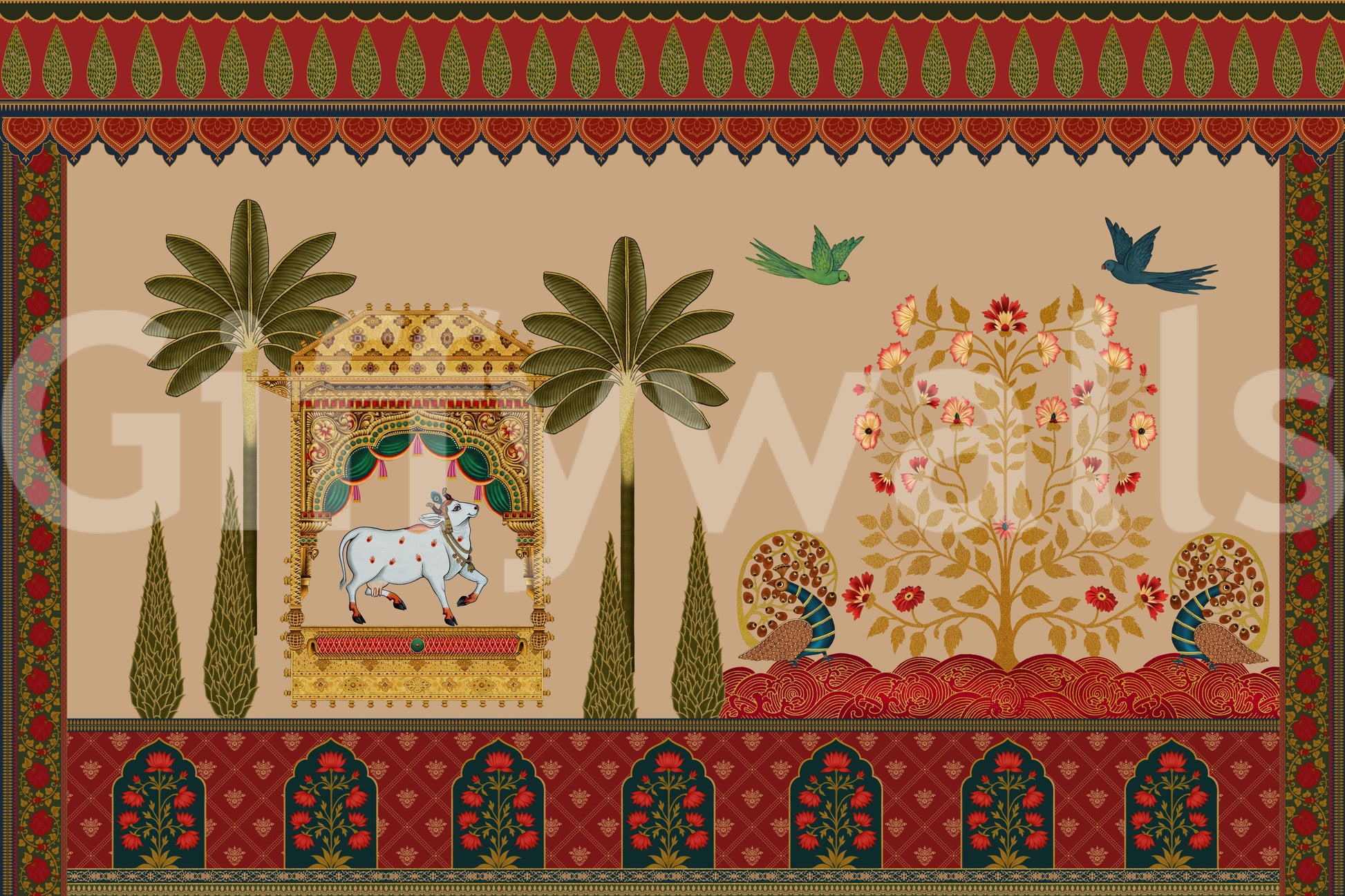 ichwai-style wall mural showing the full garden scene., GD10172