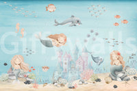 Deep Sea Mermaid Haven Wall Mural in mint, peach and powder blue tones., GD10173