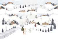 Watercolour winter village wall mural in soft white and grey tones., GD10175