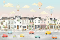 Whimsical Town Adventures wall mural with hot air balloon, cars and buildings., GD10177