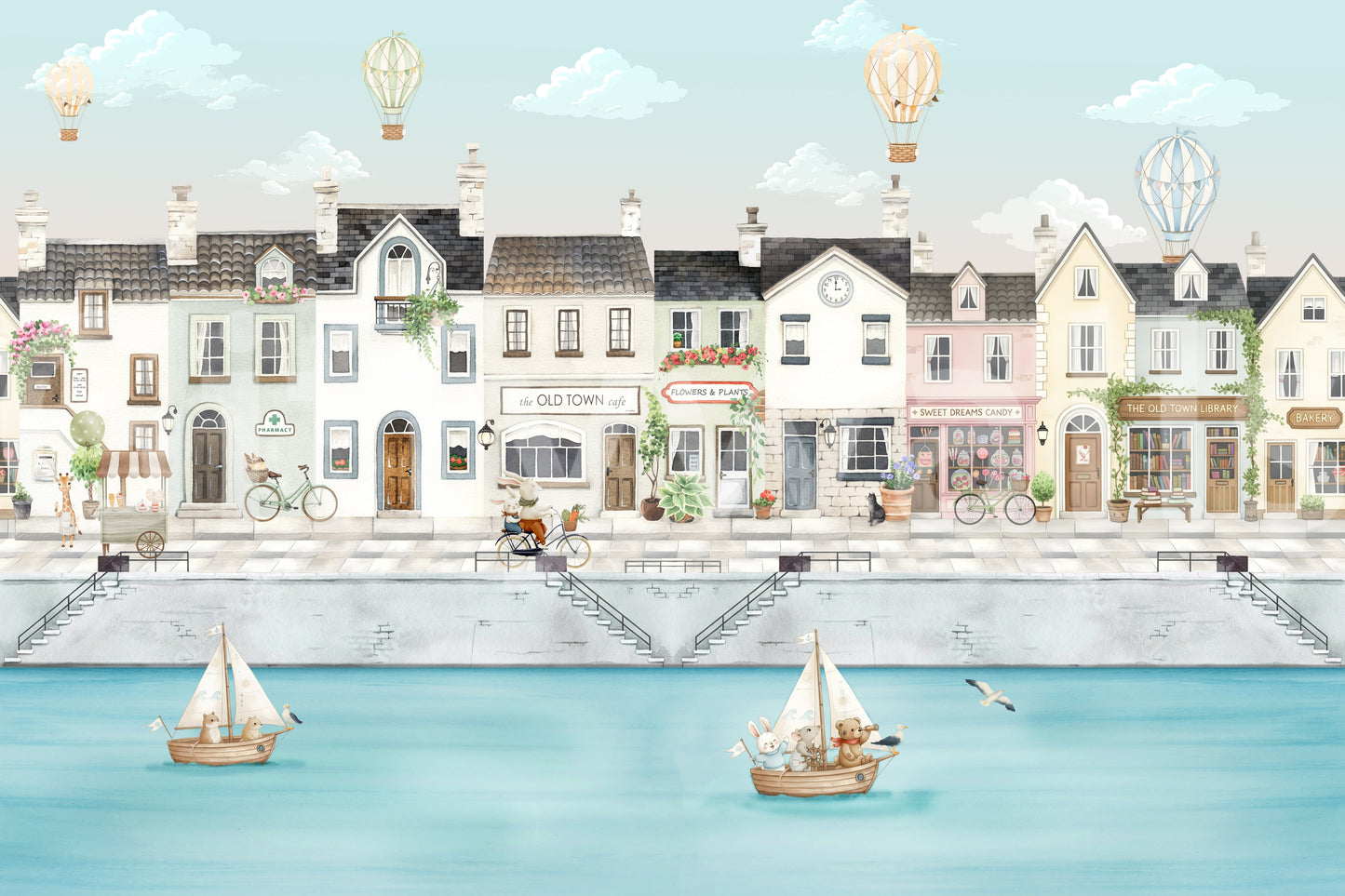 Canal town wall mural showing the full waterfront scene., GD10178