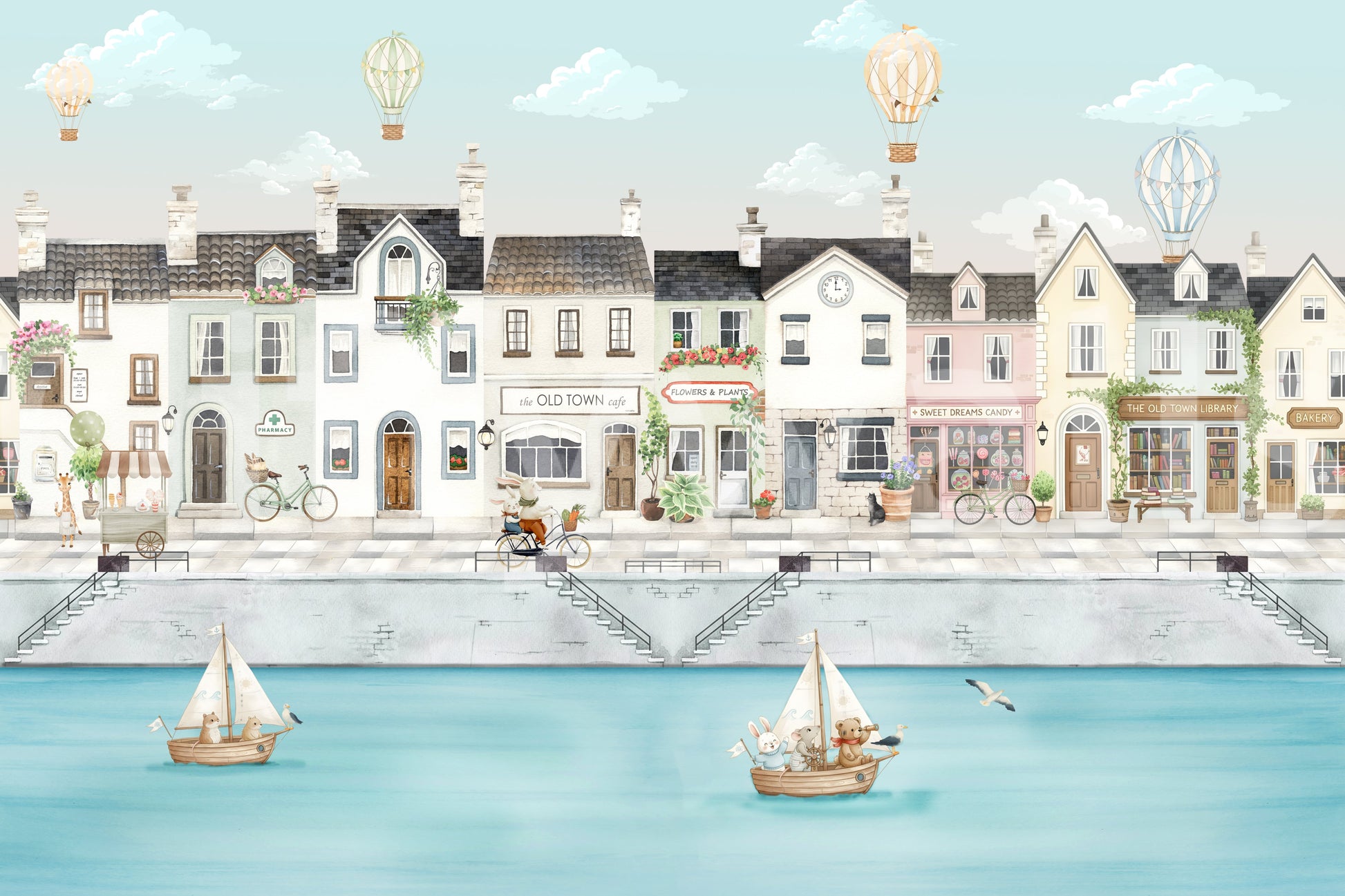 Canal town wall mural showing the full waterfront scene., GD10178