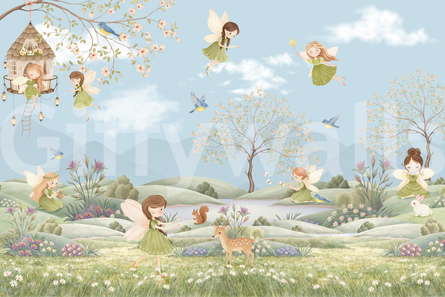 Fairy Dreams Wall Mural with meadow green, sky blue and blush pink tones., GD10179