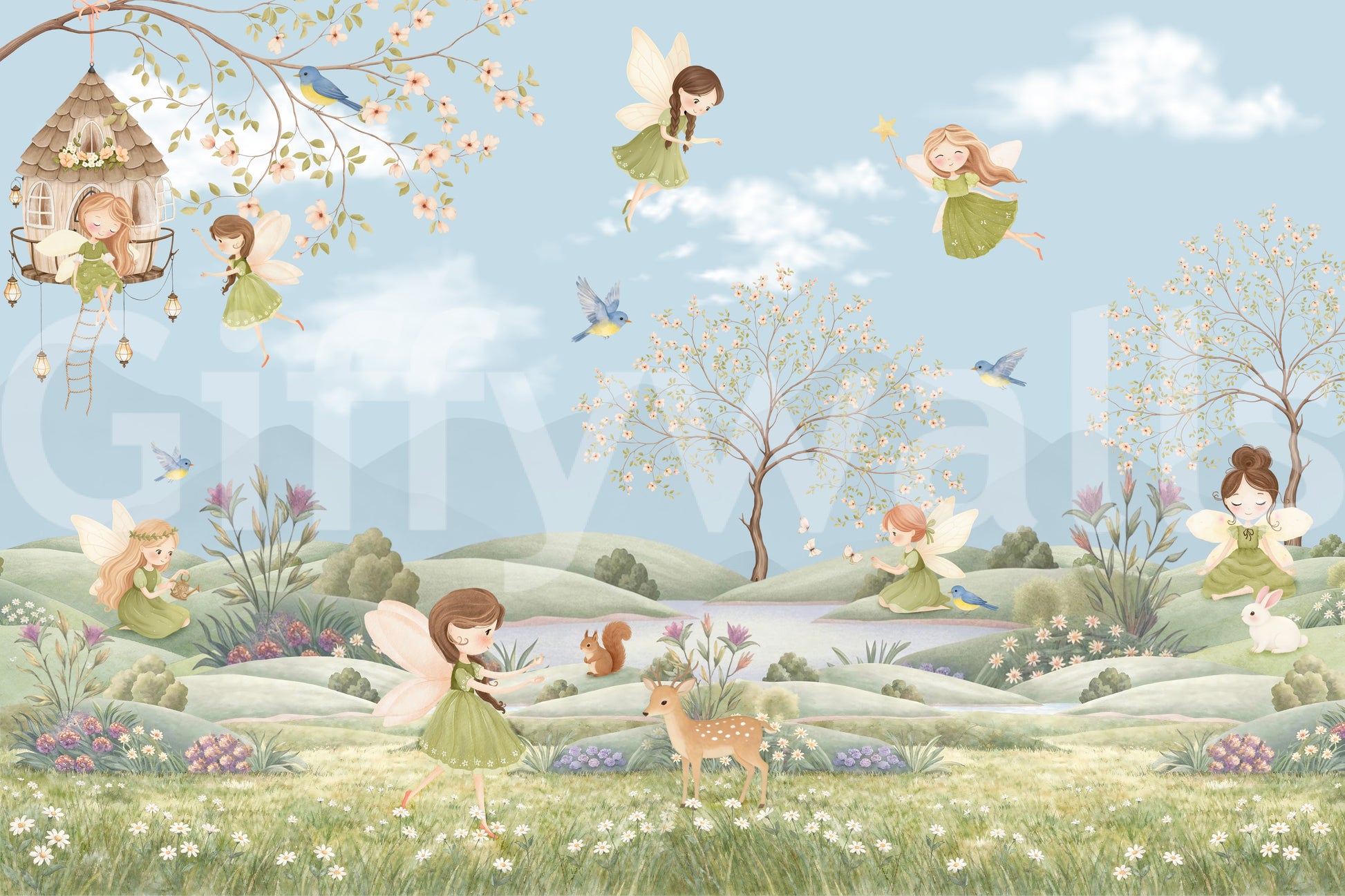 Fairy Dreams Wall Mural with meadow green, sky blue and blush pink tones., GD10179