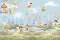 Fairy Dreams Wall Mural with meadow green, sky blue and blush pink tones., GD10179