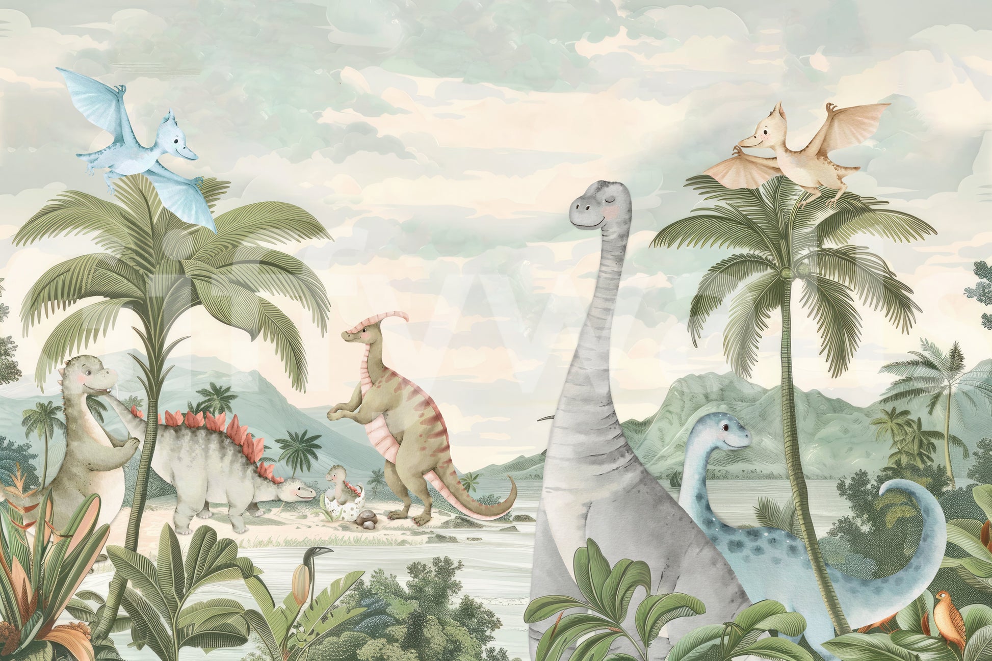 Watercolour kids dinosaur mural in sage, grey and dusty blue tones., GD10180