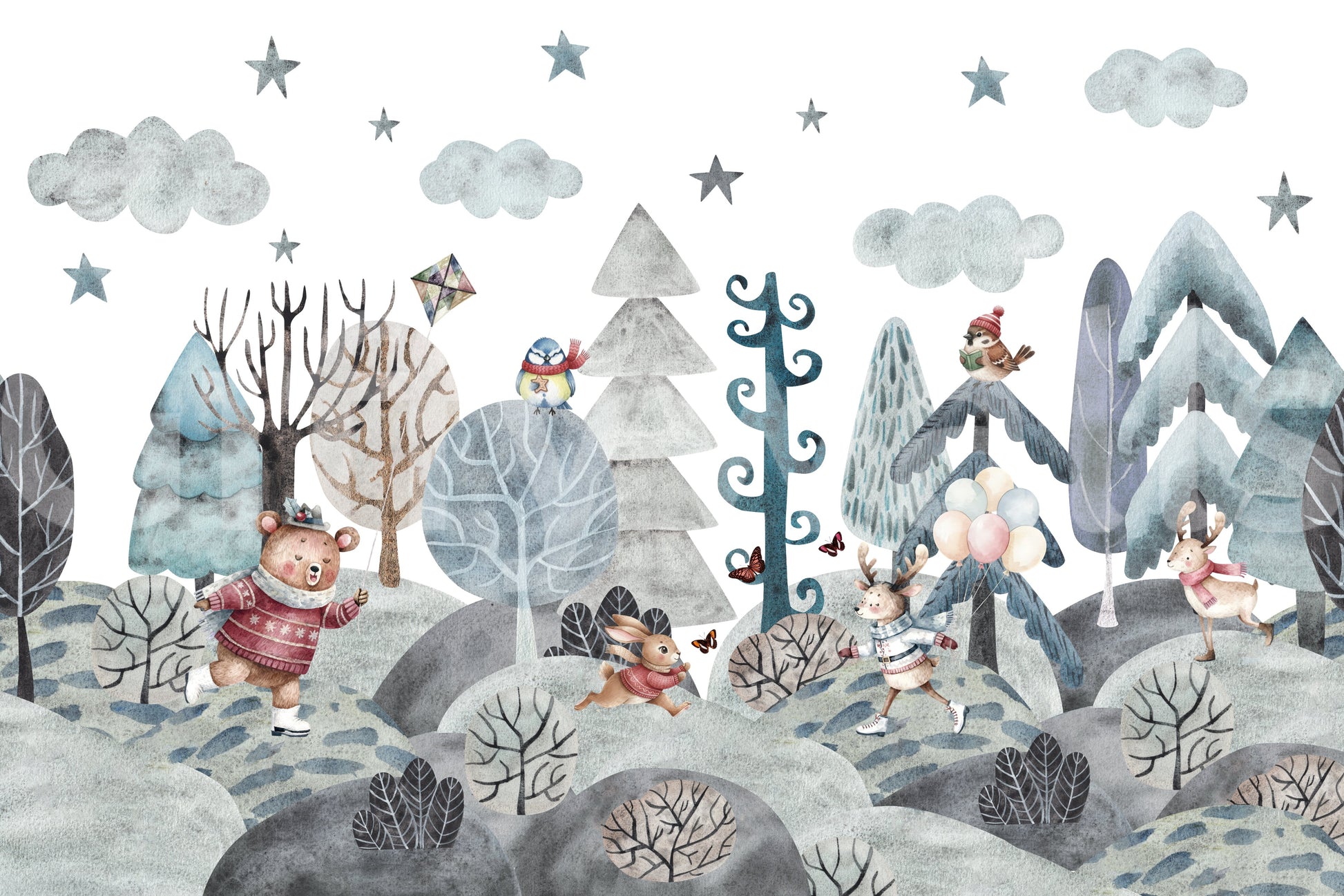 The whimsical winter woodland wall mural with pine trees and pastel balloons., GD10182