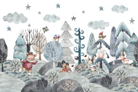 The whimsical winter woodland wall mural with pine trees and pastel balloons., GD10182
