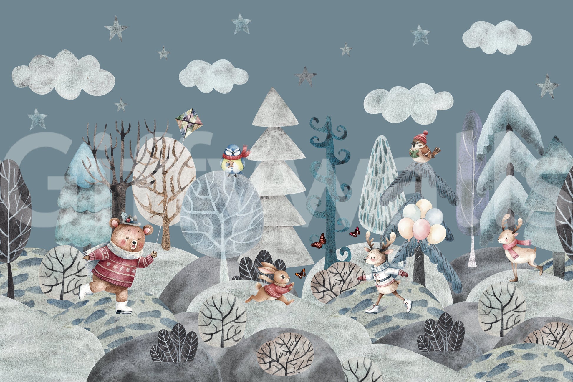 Frolicking Forest Friends wall mural with bear, bunny and birds., GD10183