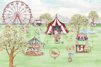 Whimsical Meadow Carnival watercolour wall mural with animals and trees., GD10184
