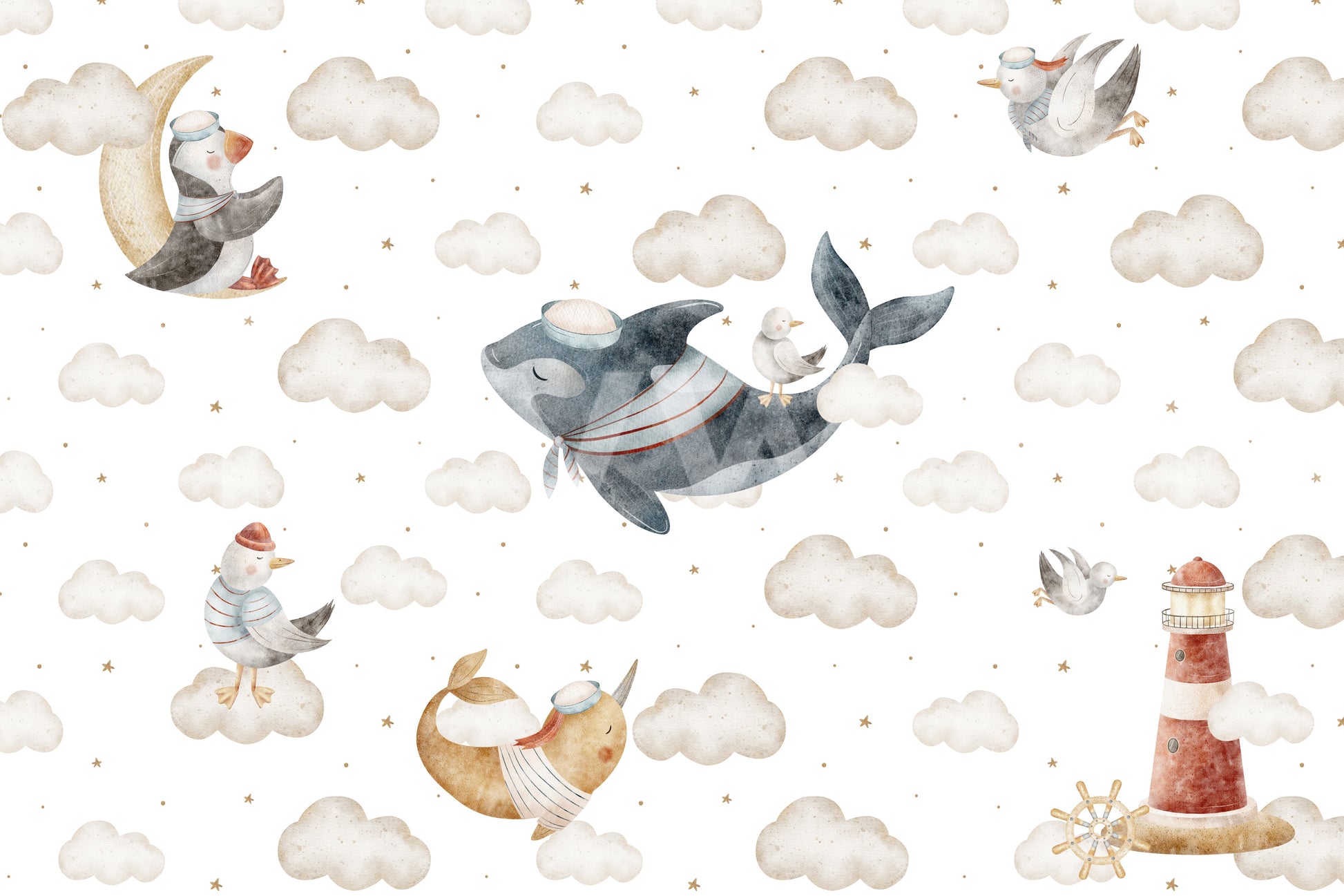 Watercolor nautical pattern wall mural in white, beige, navy and soft red., GD10185