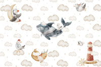 Watercolor nautical pattern wall mural in white, beige, navy and soft red., GD10185