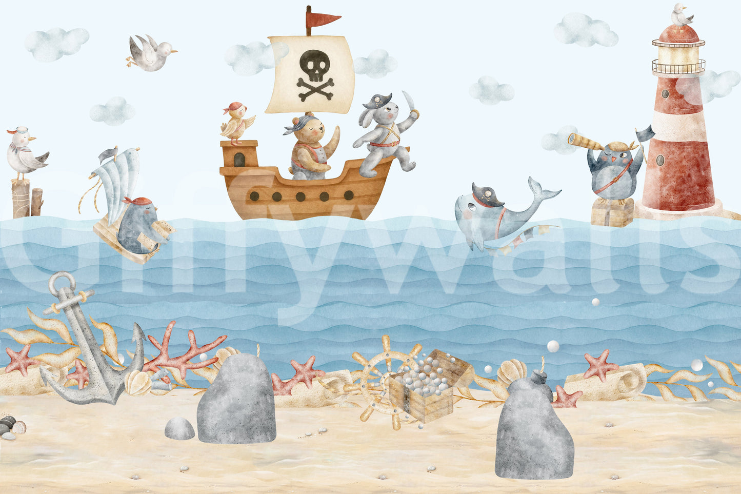 Watercolor pirate sea wall mural in soft blue, sand, grey, and red tones., GD10186