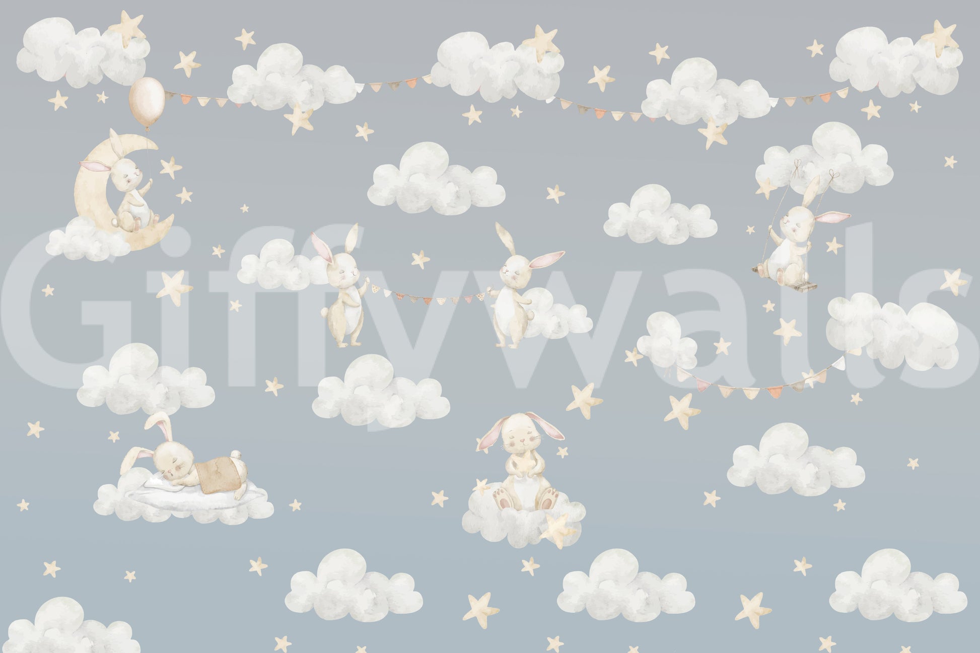Dreamy Bunnies and Starry Clouds wall mural with watercolor sky scene., GD10189