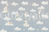 Dreamy Bunnies and Starry Clouds wall mural with watercolor sky scene., GD10189