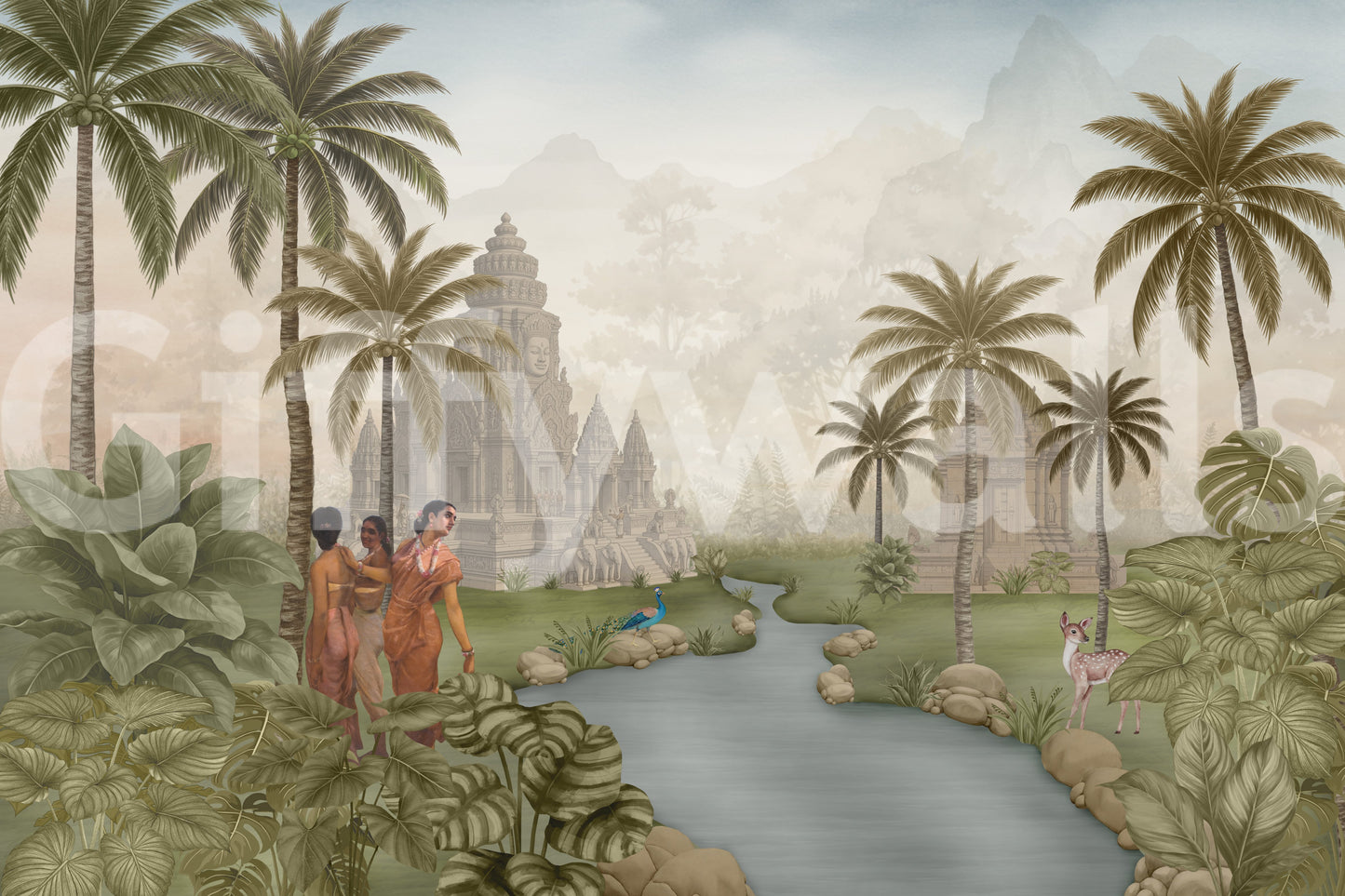 Eastern Serenity Grove wall mural with temple, palms, river, and wildlife., GD10192