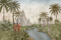 Eastern Serenity Grove wall mural with temple, palms, river, and wildlife., GD10192