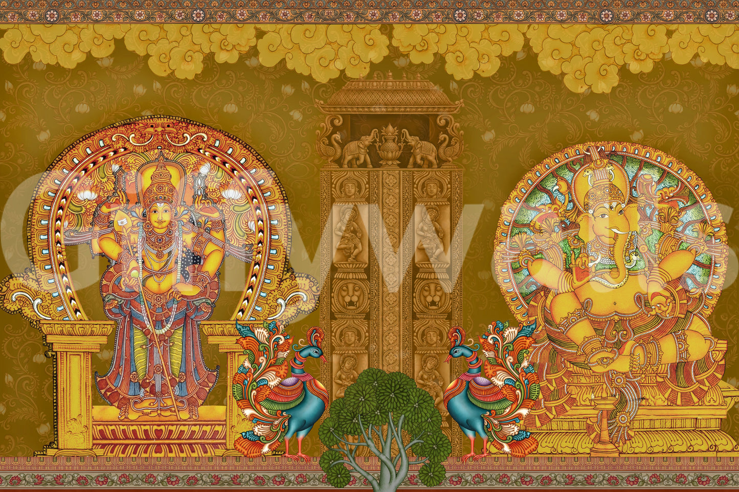 The temple wall mural border and peacock motif in teal and gold., GD10193
