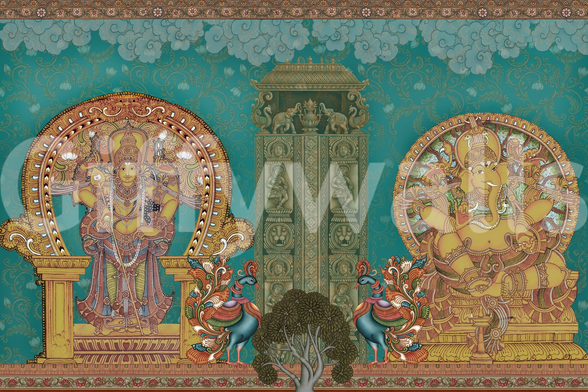 The divine temple wall mural with peacocks and lotus scrollwork., GD10194
