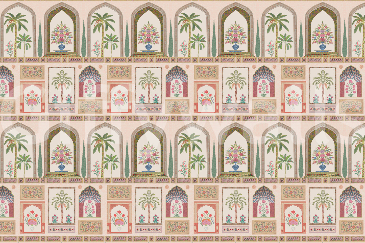 The Mughal palace mural showing arches, vases and cypress trees., GD10196