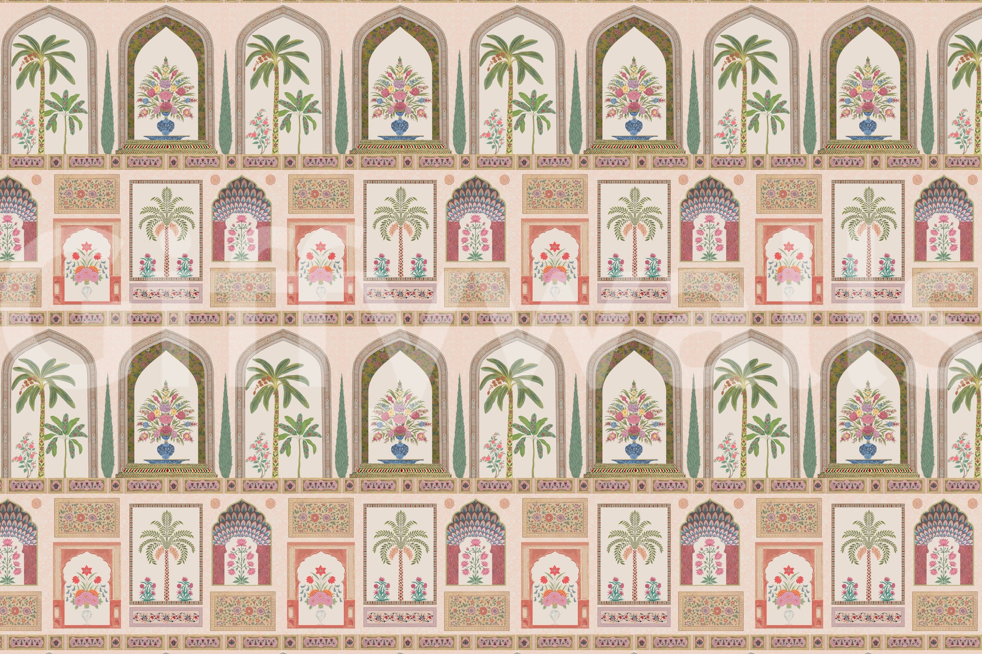 The Mughal palace mural showing arches, vases and cypress trees., GD10196