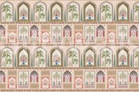 The Mughal palace mural showing arches, vases and cypress trees., GD10196
