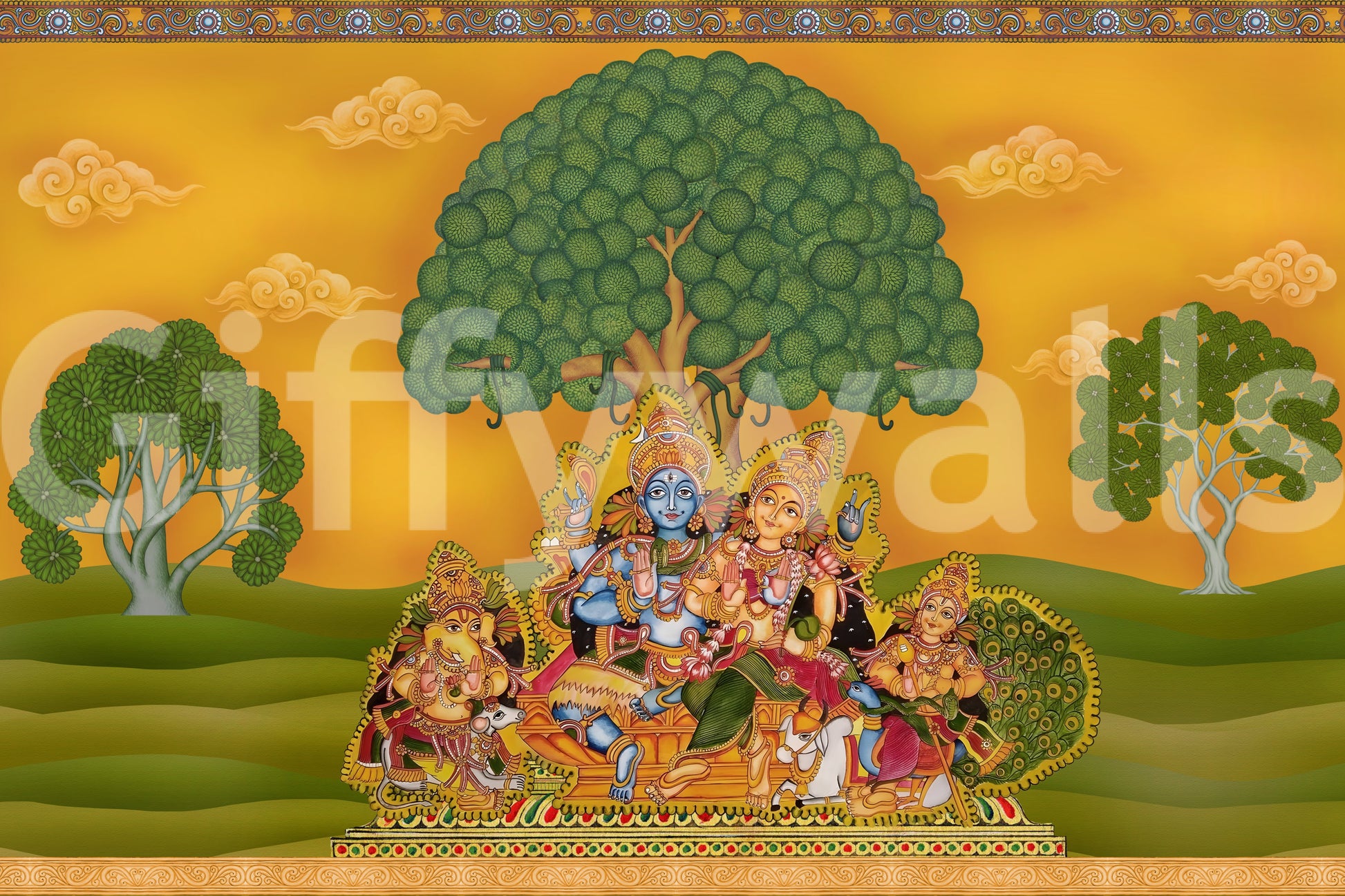 Eternal Divine Union wall mural showing golden saffron and green tones., GD10197