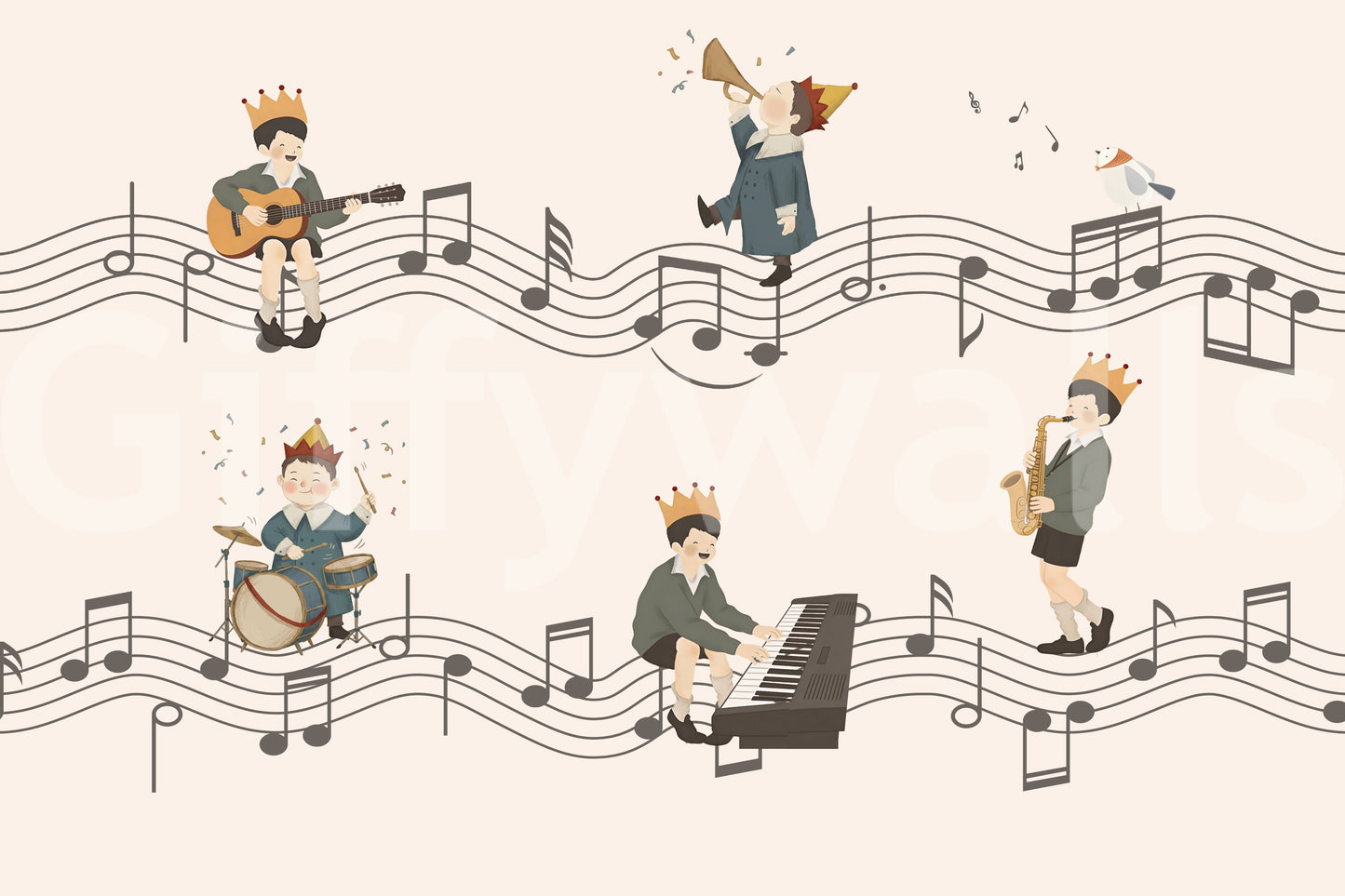 Confetti bursts and a raised brass horn add movement to the upper band of the Whimsical Melody Makers wall mural., GD10198