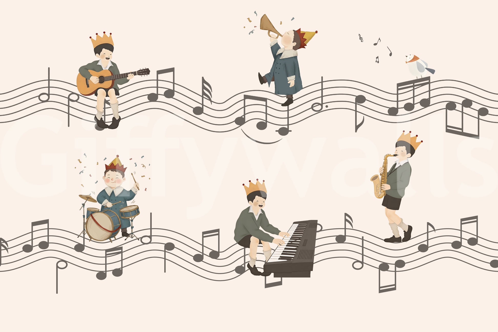 Confetti bursts and a raised brass horn add movement to the upper band of the Whimsical Melody Makers wall mural., GD10198