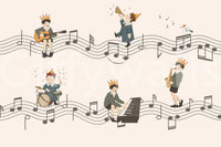Confetti bursts and a raised brass horn add movement to the upper band of the Whimsical Melody Makers wall mural., GD10198