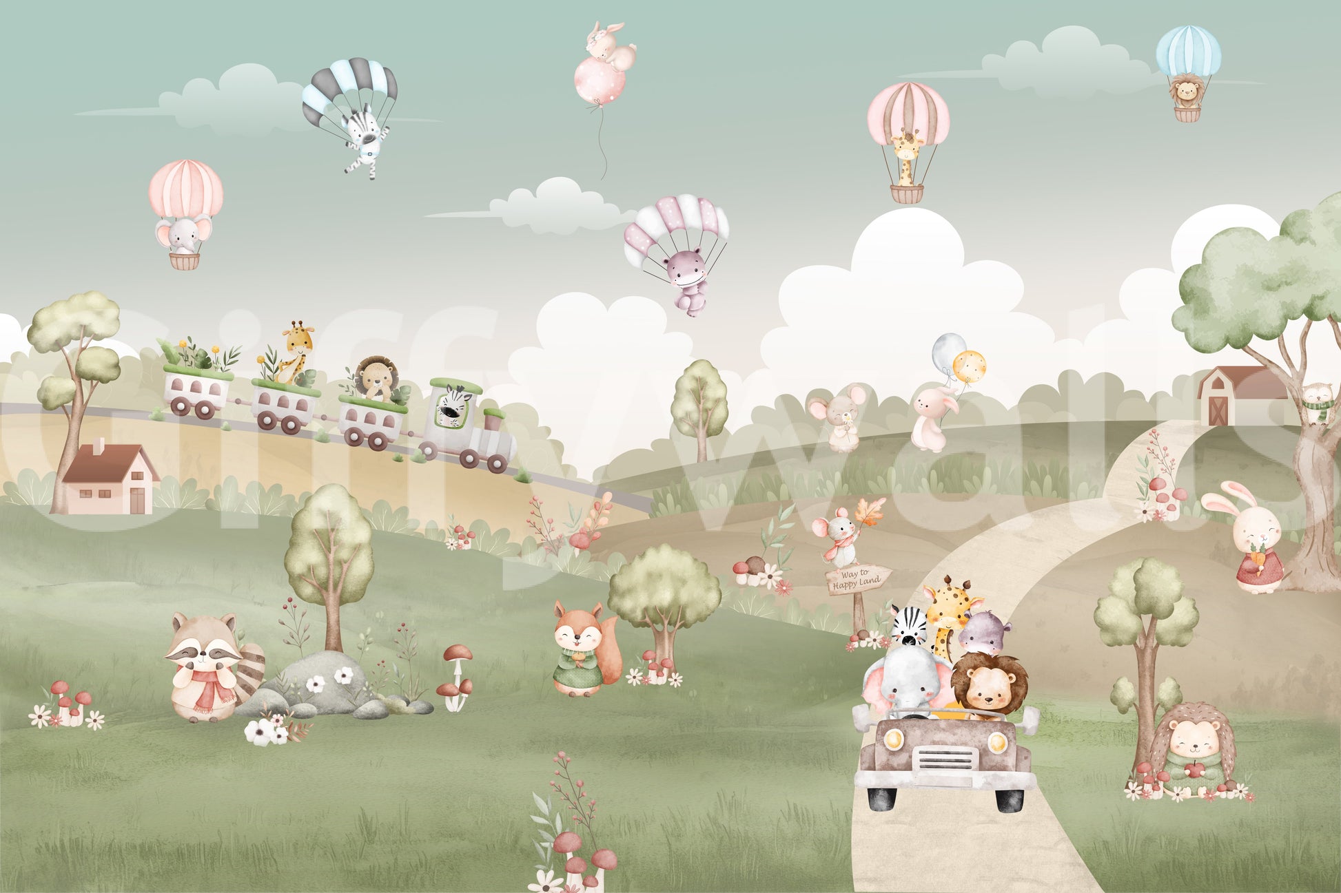 Whimsical adventure balloon wall mural with toy train carrying animals., GD10199
