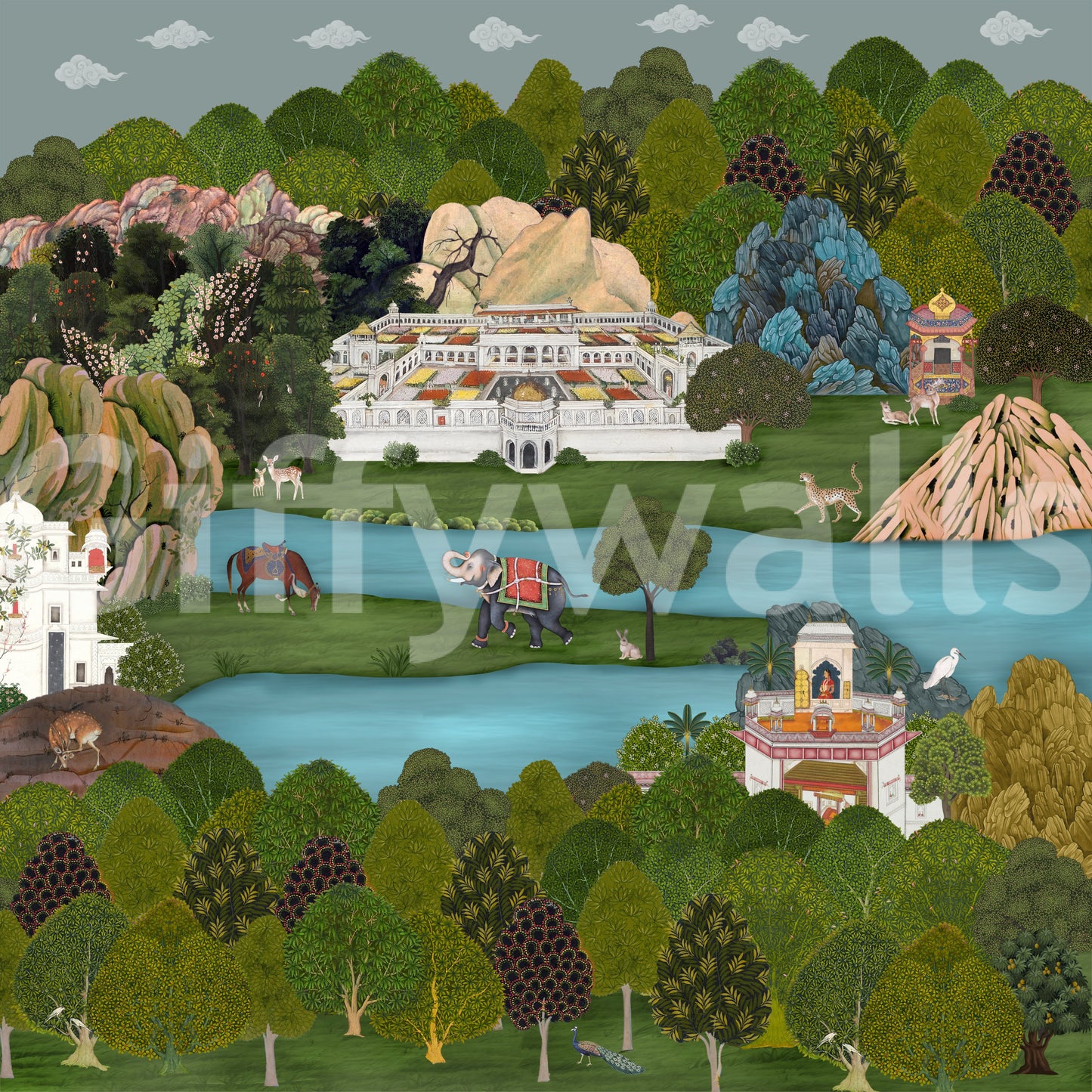 Mughal landscape wall mural full panel with palace, river and green trees., GD10200