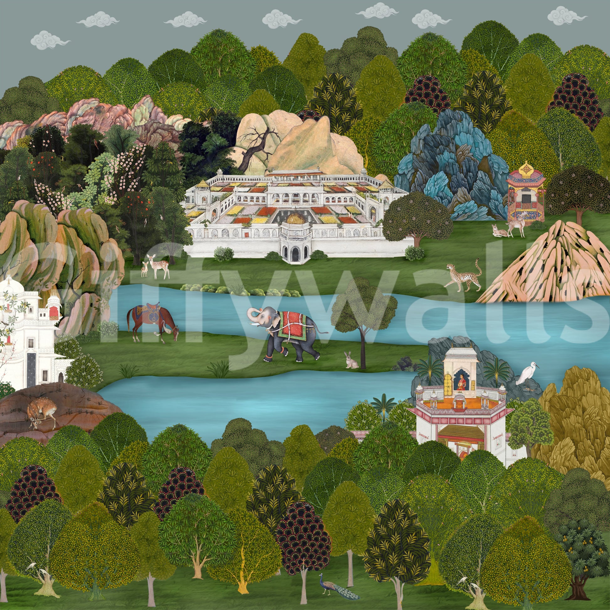 Mughal landscape wall mural full panel with palace, river and green trees., GD10200
