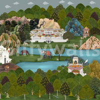 Mughal landscape wall mural full panel with palace, river and green trees., GD10200