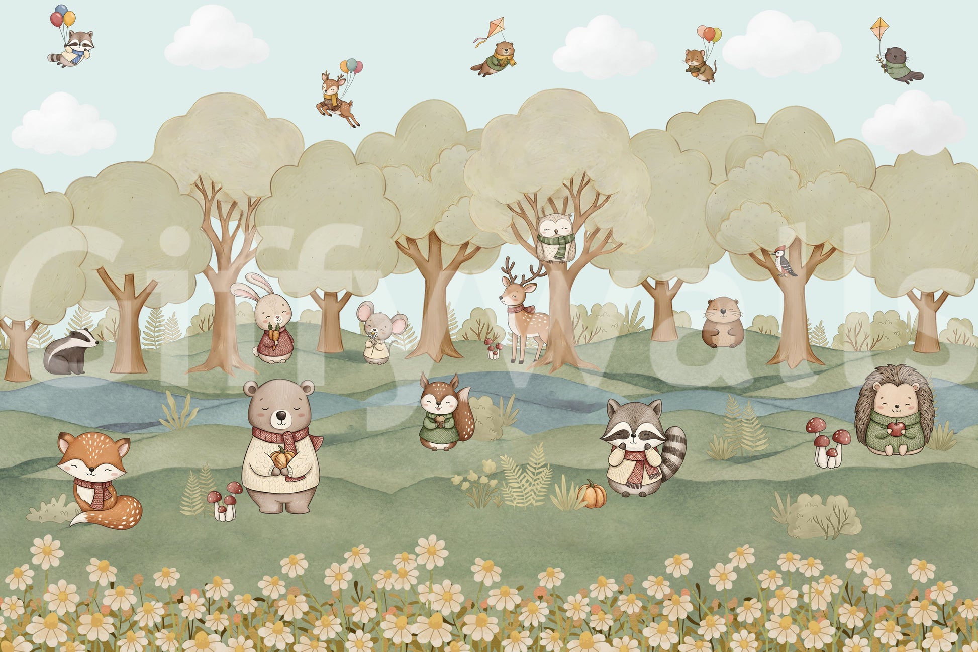 Whimsical woodland wall mural showing the bear, fox and green hills., GD10201