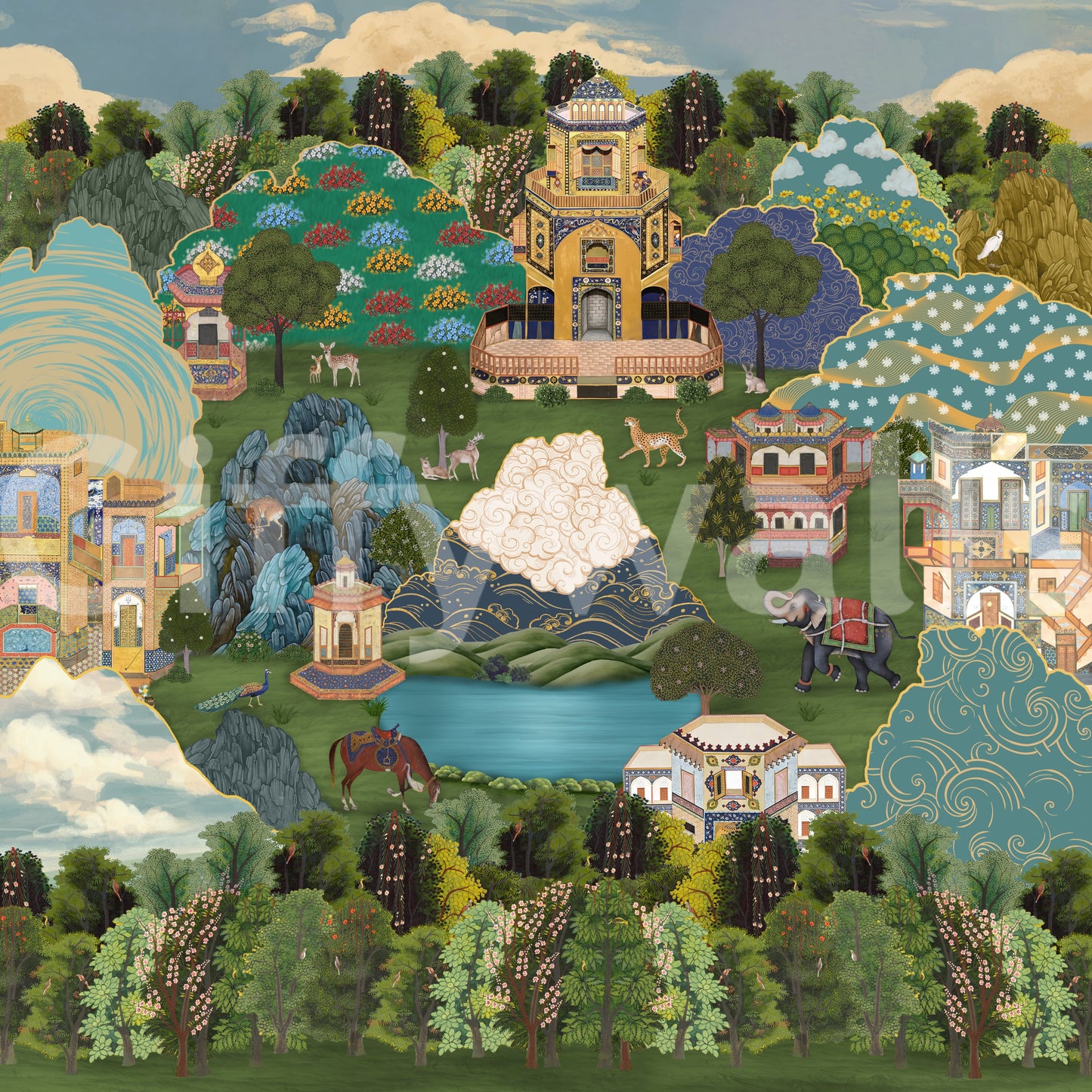 Royal Gardens wall mural showing green, blue and cream tones., GD10202