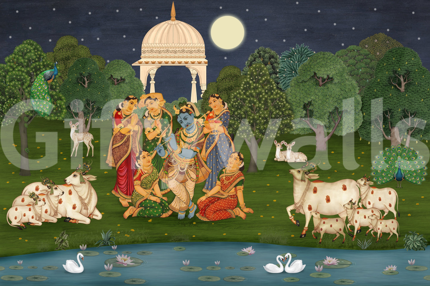 Vrindavan moonlight mural showing temple pavilion, swans, and lotus pond., GD10203