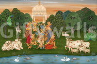 Vrindavan's Tranquil wall mural sample with green grove, peach sky and indigo accents., GD10204