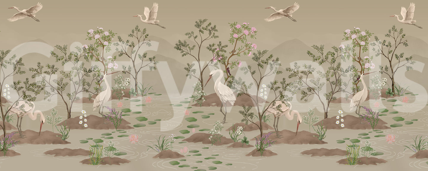 Ethereal Water Bloom wall mural with cranes and lotus pond., GD10205