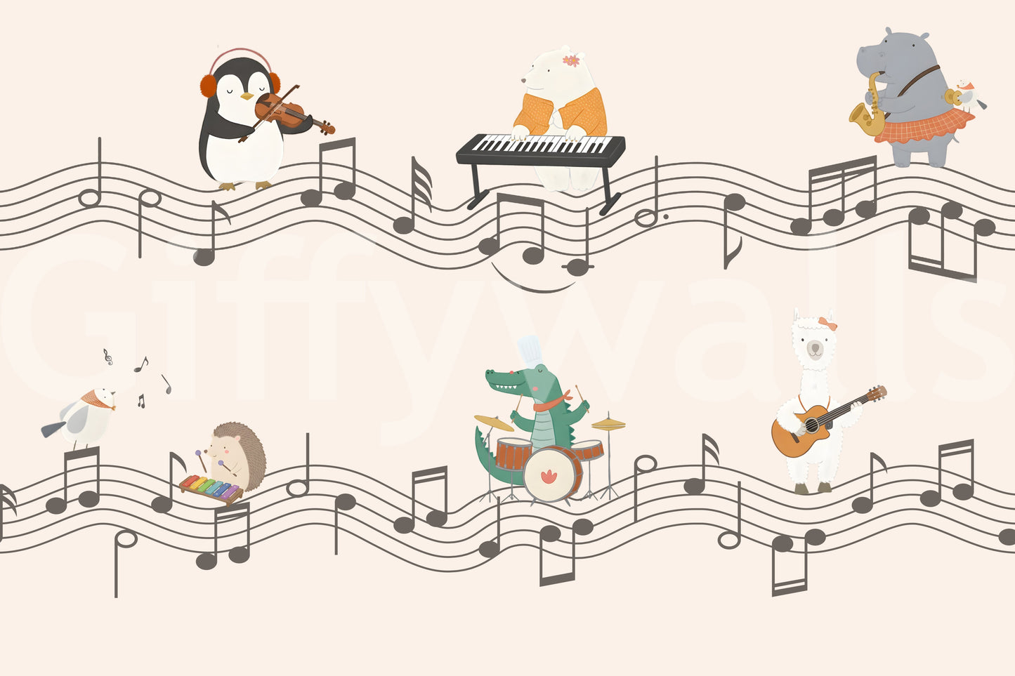 Peach wall mural showing cartoon animals on flowing music staves., GD10206