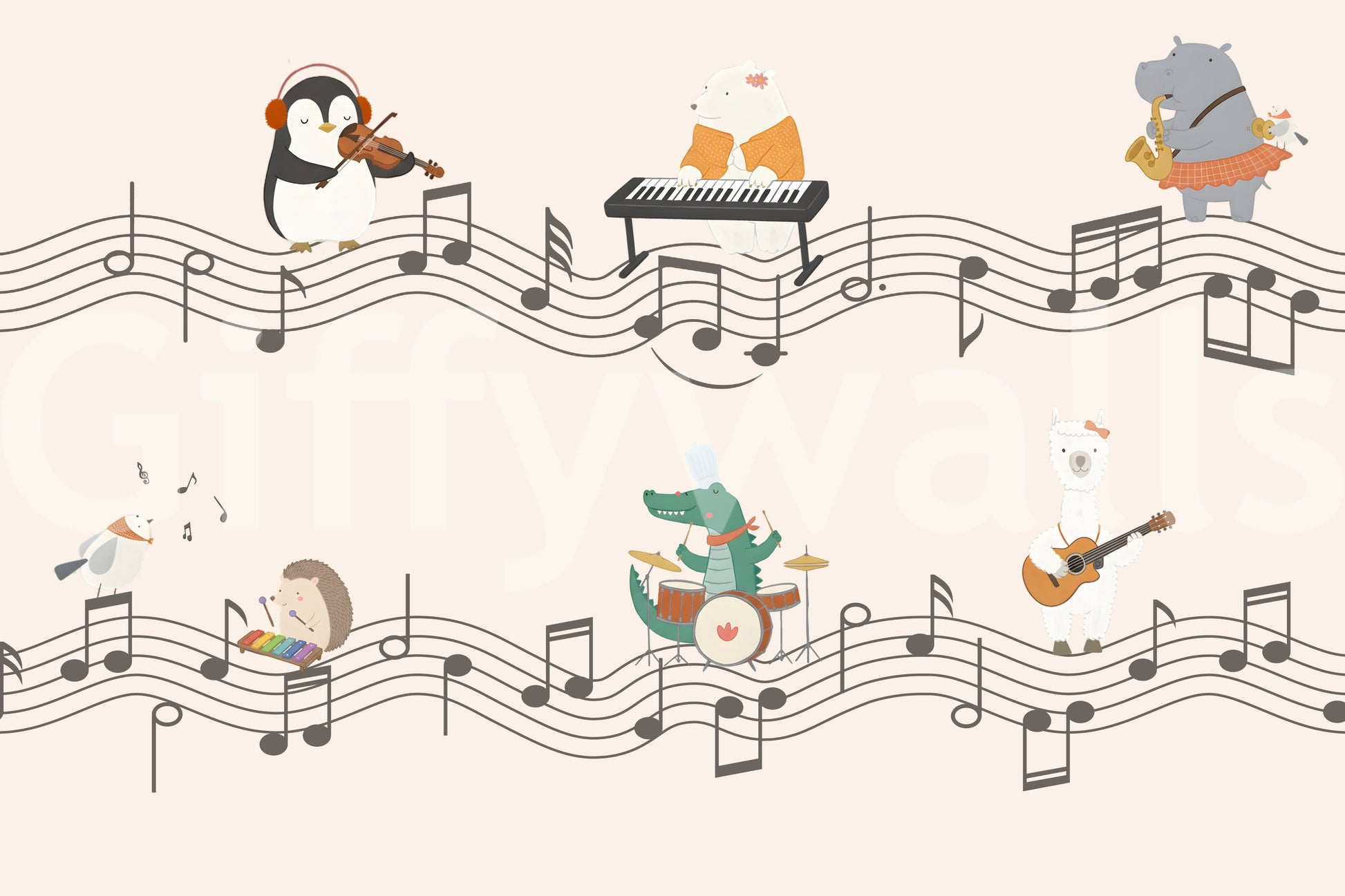 Peach wall mural showing cartoon animals on flowing music staves., GD10206