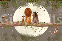 Moonlit jungle wall mural with lion, boar, meerkat, toucan, and monkey on a branch., GD10207